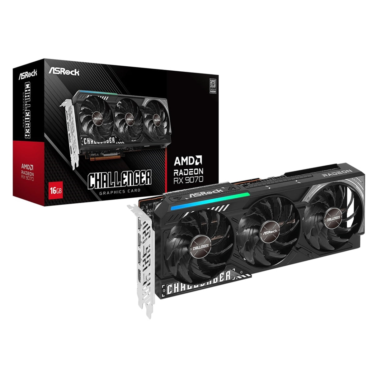 ASRock AMD Radeon RX 9070 Challenger OC 16GB GDDR6 Graphics Card, 3584 Streams, 2520 MHz Boost Clock, Triple Fan, RGB, 3x DisplayPorts / 1x HDMI Port