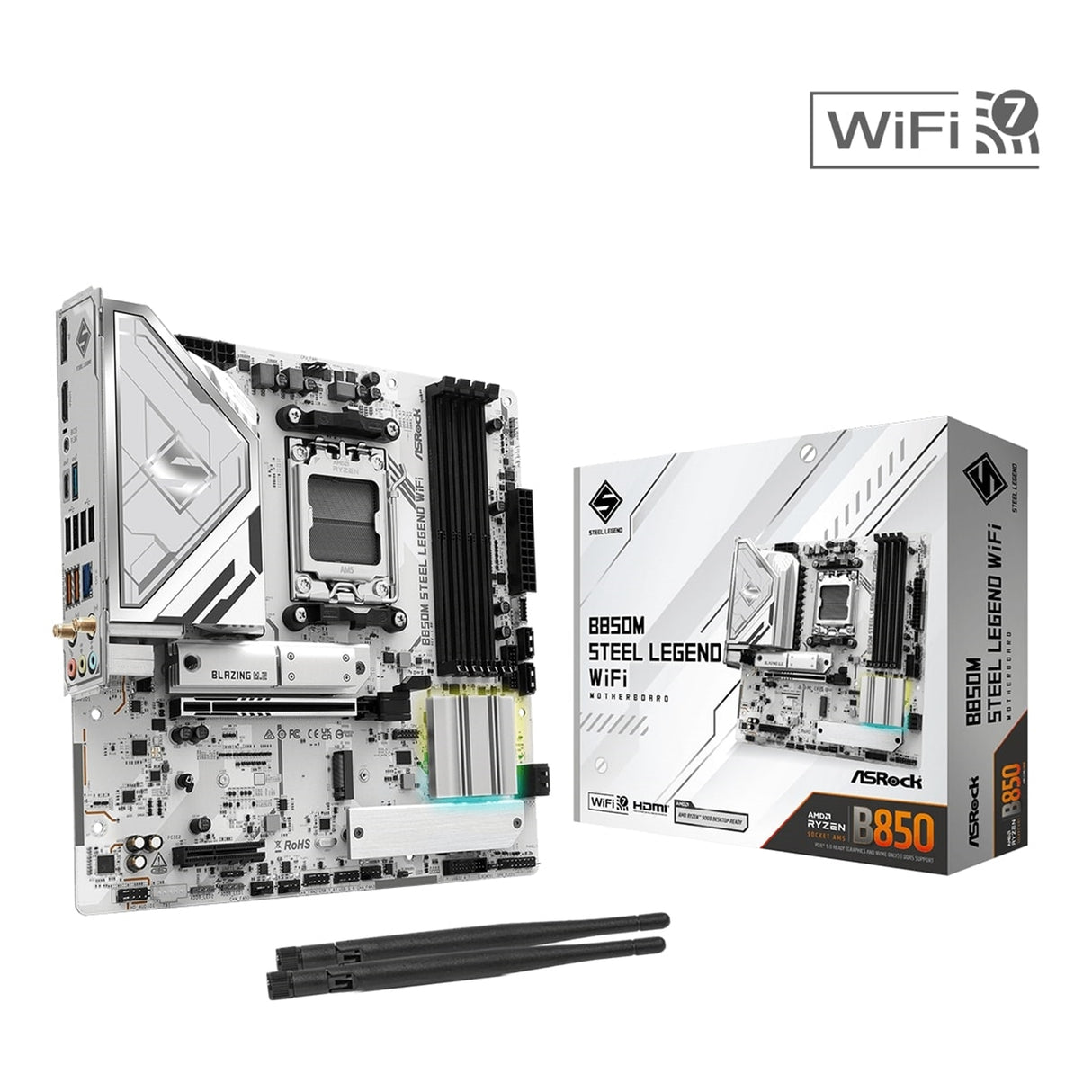 ASRock B850M Steel Legend WiFi AMD AM5 Socket Motherboard, Micro-ATX, 4x DDR5 Slots, 3x M.2 Sockets, Fitted I/O Shield, 2.5GbE LAN, Wi-Fi 7, 1x DisplayPort / 1x HDMI Port