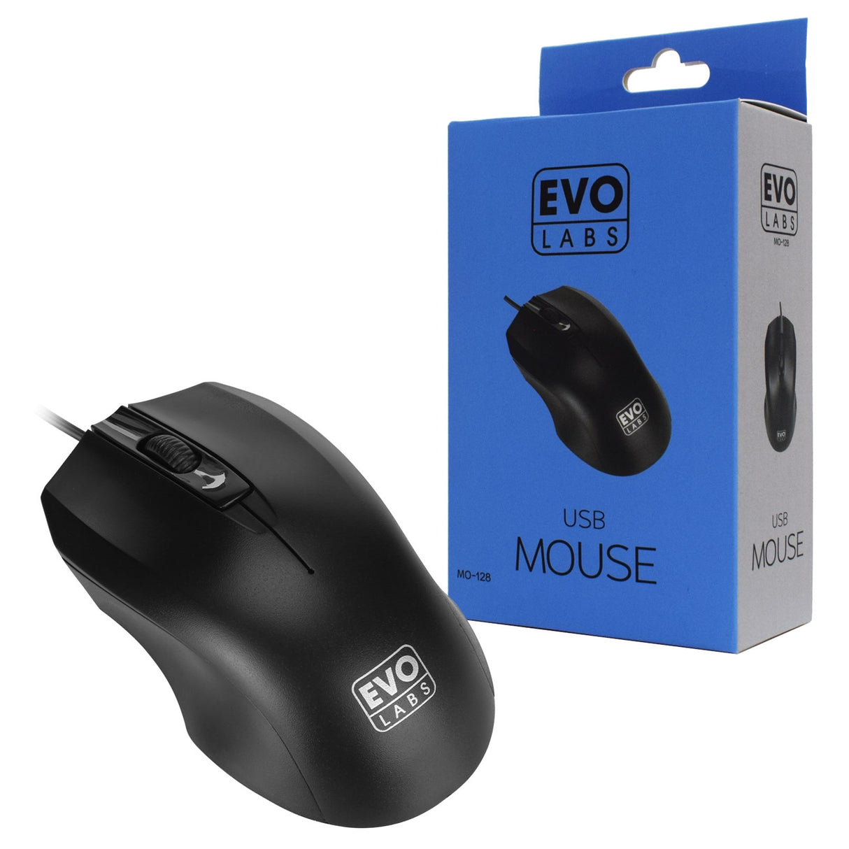 Evo Labs MO-128 Ratón USB Plug and Play con cable, seguimiento óptico de 800 DPI, 3 botones con rueda de desplazamiento, diseño ambidiestro, negro mate