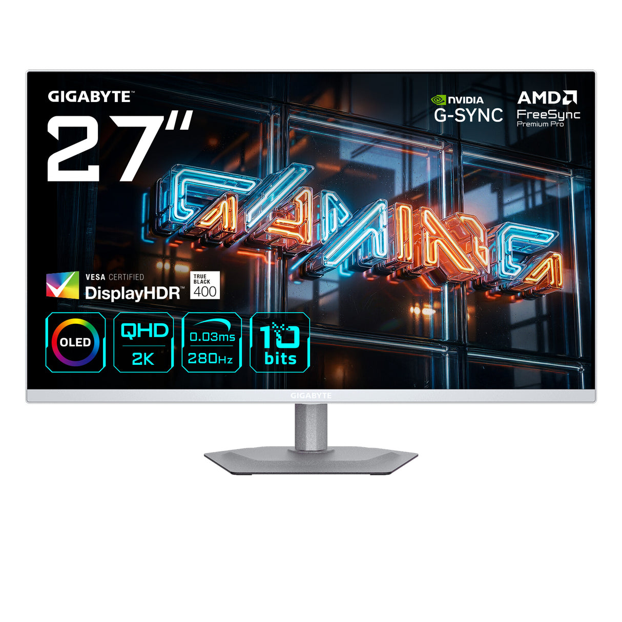 GIGABYTE MO27Q2A ICE 27” OLED 2K QHD Gaming Monitor - 2560 x 1440, 280Hz, 0.03ms, 250 cd/m², FreeSync Premium Pro, DisplayHDR True Black 400, HDMI 2.1, Displayport 1.4