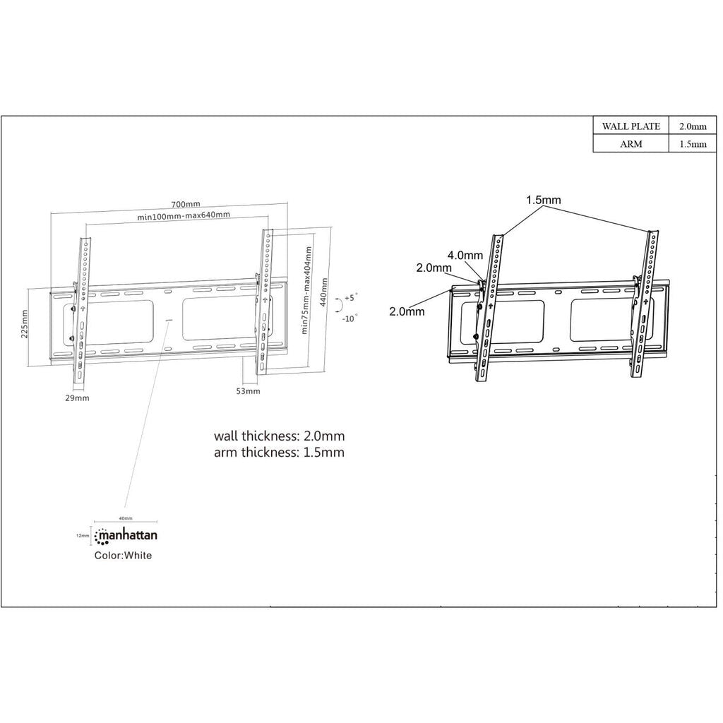 Manhattan Wall Mount for TV & Monitors (Tiltable), For screens 37" to 65", VESA compatability: all between 200x200mm and 600x400mm - check the dimensions of the four mounting holes on back of screen to ensure it fits, Max 80kg, Black, Bracket