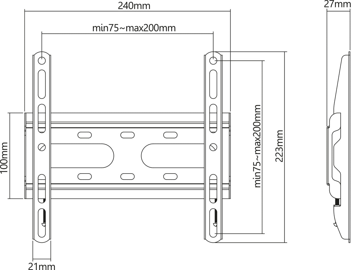 Manhattan Wall Mount for TV & Monitors (Fixed Ultra Slim), For screens 23" to 42", VESA compatability: all between 75x75mm and 200x200mm - check the dimensions of the four mounting holes on back of screen to ensure it fits, Max 45kg, Black, Bracket