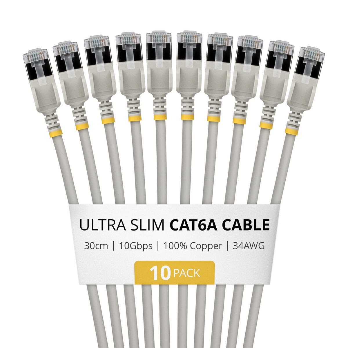 StarTech.com 30cm Gray Ultra Slim Cat6A Ethernet Cable, 10 Pack, Snagless, FTP, Pure Bare Copper Wire, 34AWG Ultra Slim RJ45 Network Patch Cord, Individually Tested