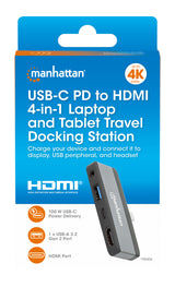 Manhattan USB-C Travel Dock/Hub, Ports (x4): HDMI, USB-A, USB-C and 3.5mm audio, With Power Delivery (100W) to USB-C Port, USB powered (no external power supply required)