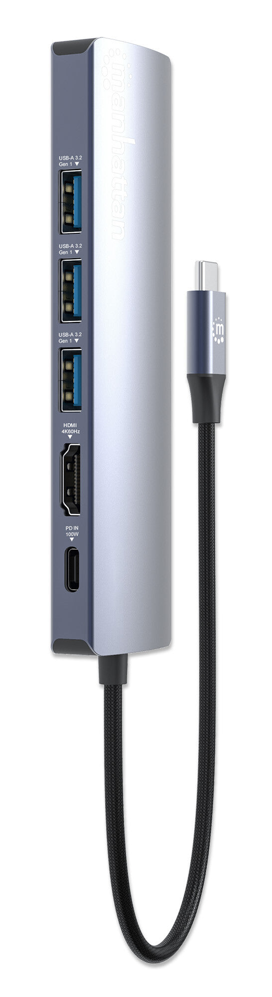 Manhattan USB-C Dock/Hub, Ports (x6): Ethernet, HDMI, USB-A (x3) and USB-C, With Power Delivery (100W) to USB-C Port (Note additional USB-C wall charger and USB-C cable needed), USB 3.2 Gen 1, All Ports can be used at the same time, Universal for all devi