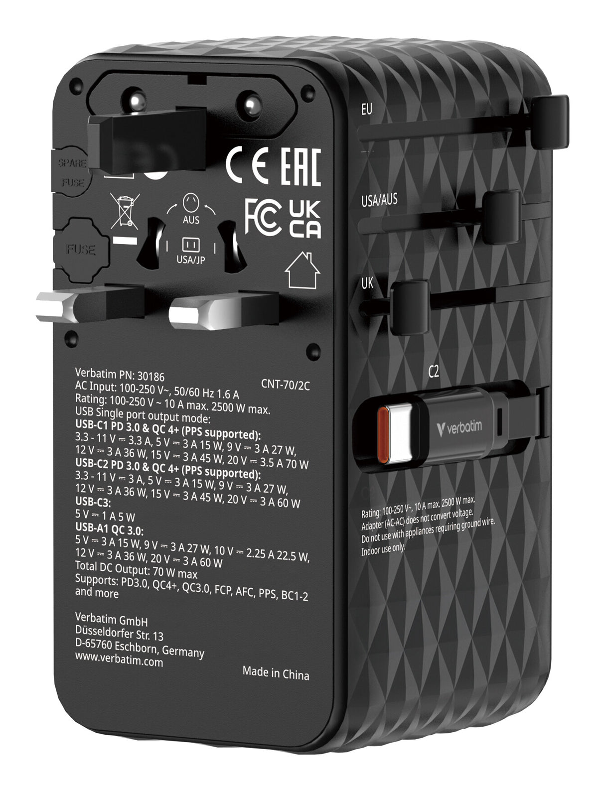Verbatim Charge 'n' Travel 70W 2C retractable Universal Travel Adapter Black
