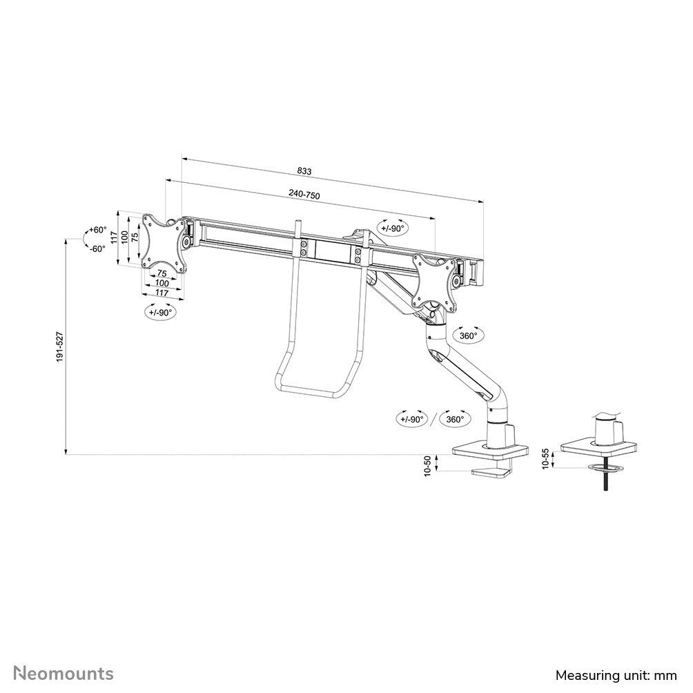Neomounts DS75S-950BL2 Monitor arm 17-32" - gas spring - Topfix - 180°-stop