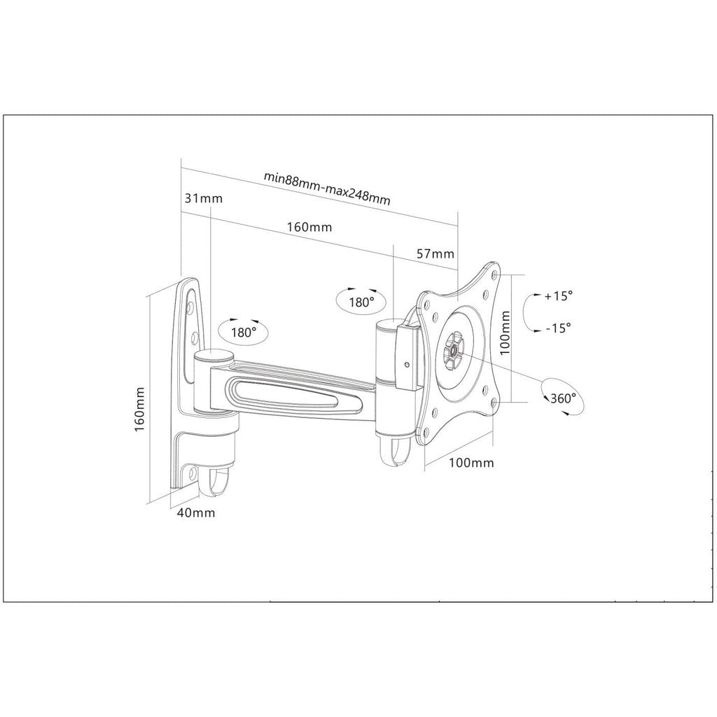 Manhattan Wall Mount for TV & Monitors (Tilt and Swivel 2 pivots), For screens 13" to 27", VESA compatability: 75x75mm and 100x100mm - check the dimensions of the four mounting holes on back of screen to ensure it fits, Max 15kg, Black, Bracket