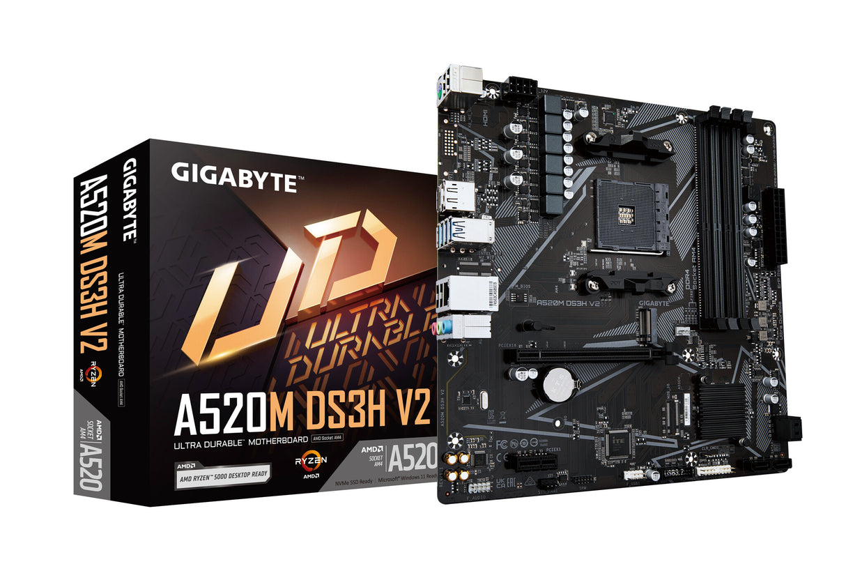 Gigabyte A520M DS3H V2 Motherboard - Supports AMD Ryzen 5000 Series AM4 CPUs, up to 4733MHz DDR4 (OC), PCIe 3.0 x16, GbE LAN, USB 3.2 Gen 1