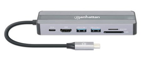 Manhattan USB-C Dock/Hub with Card Reader, Ports (x5): Ethernet, HDMI, USB-A (x2) and USB-C, With Power Delivery (87W) to USB-C Port (Note add USB-C wall charger and USB-C cable needed), All Ports can be used at the same time, Universal for all devices,