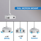 Manhattan Projector Mount, Ceiling, Universal, Full Motion, Height Range: 745 to 1145mm, Max 35kg, White, 360° rotation, +/-20° Tilt, and +/-8° Swivel, Lifetime Warranty