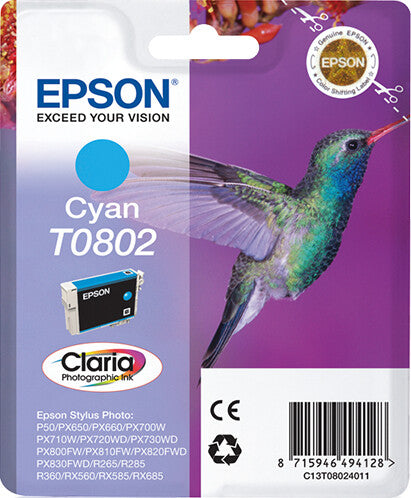 Epson Hummingbird Singlepack Cyan T0802 Claria Photographic Ink