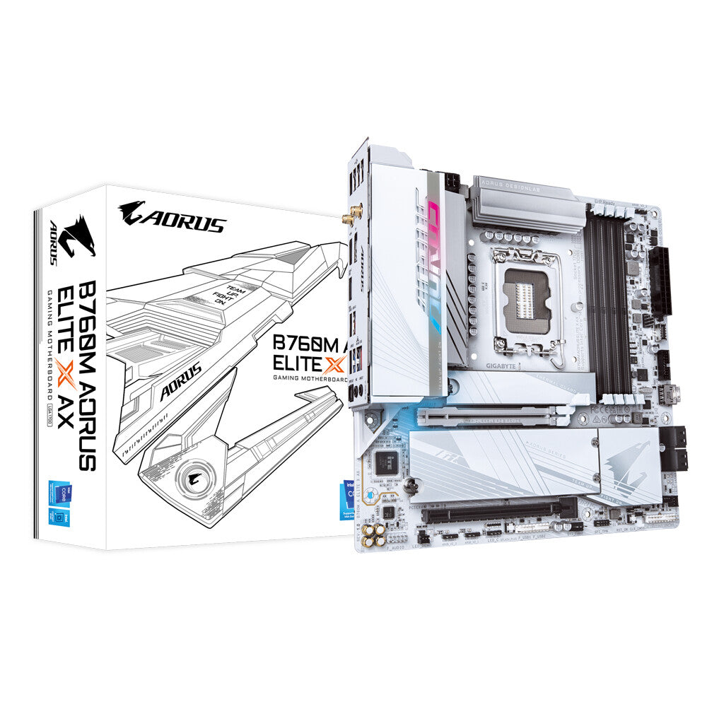 GIGABYTE B760M AORUS ELITE X AX Motherboard - Supports Intel Core 14th Gen CPUs, 14+1+1 phases VRM, up to 8266MHz DDR5 (OC), 2xPCIe 4.0 M.2, Wi-Fi 6E, 2.5GbE, USB 3.2 Gen 2