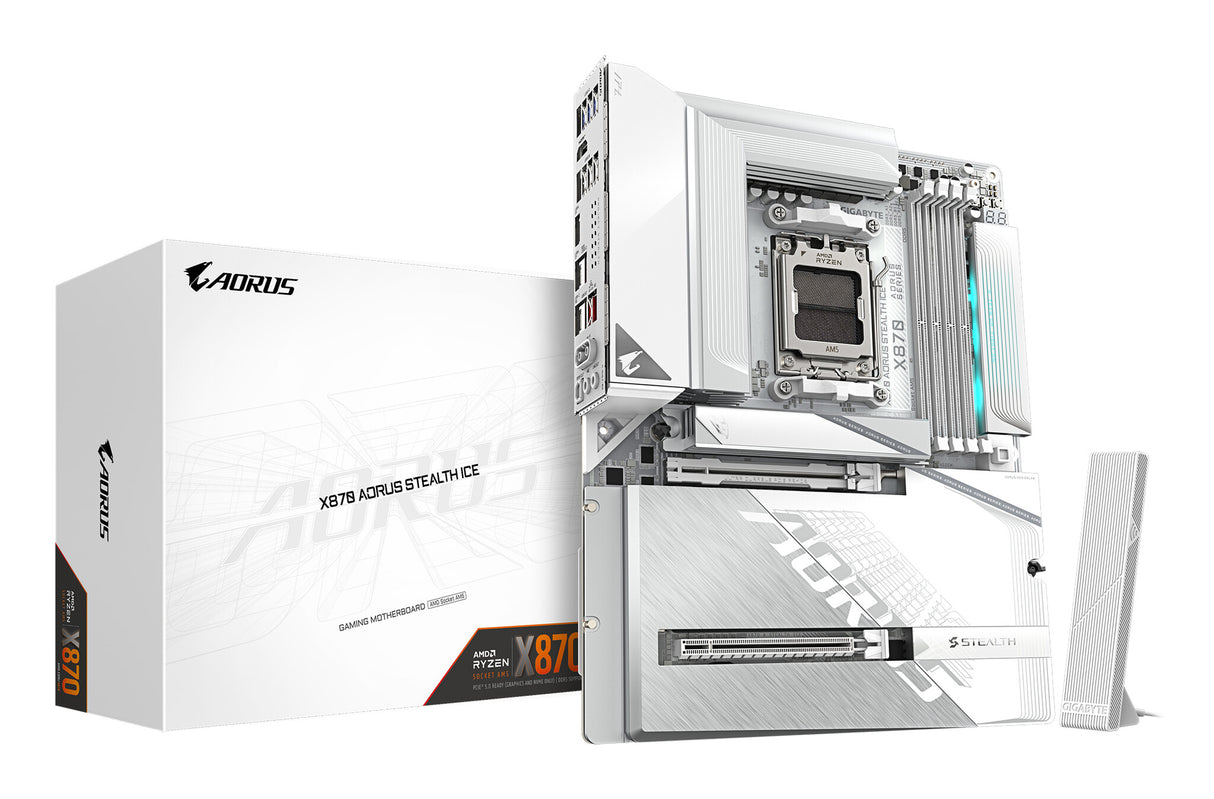 GIGABYTE X870 AORUS STEALTH ICE Motherboard - Supports AMD Ryzen 9000 CPUs, 16+2+2 Phases Digital VRM, up to 8200Hz DDR5 (OC), 2xPCIe 5.0 + 2xPCIe 4.0, Wi-Fi 7, 5 GbE LAN, USB 4
