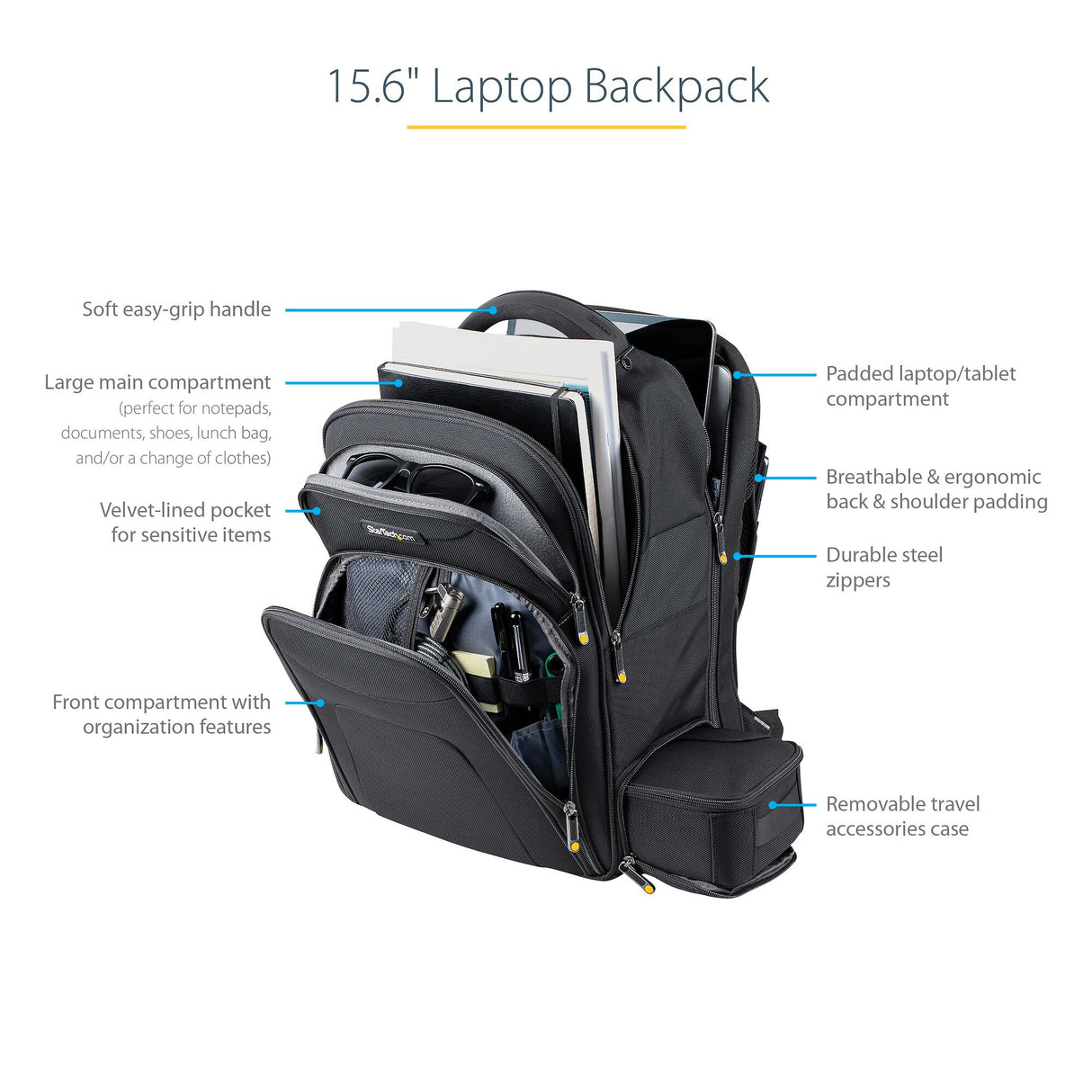 StarTech.com 15.6" Laptop Backpack with Removable Accessory Organizer Case - Professional IT Tech Backpack for Work/Travel/Commute - Ergonomic Computer Bag - Durable Ballistic Nylon - Notebook/Tablet Pockets