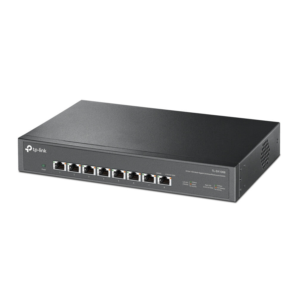 TP-LINK (TL-SX1008) Switch de escritorio/montaje en rack multigigabit 10G no administrado de 8 puertos, 8x 100/1G/2.5G/5G/10G, ventilador de bajo ruido, caja de acero