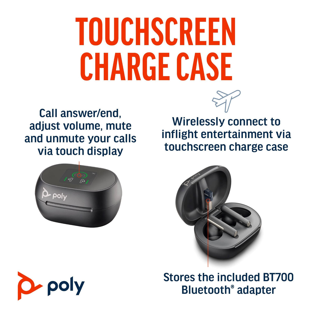 POLY Voyager Free 60+ UC Carbon Black Earbuds +BT700 USB-A Adapter +Touchscreen Charge Case