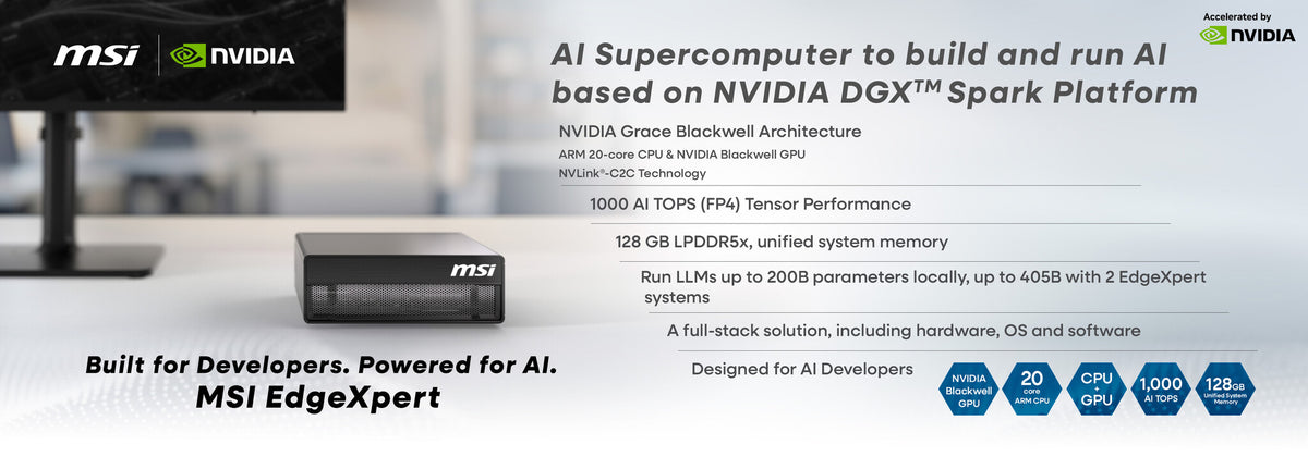 MSI EdgeXpert AI Supercomputer Desktop, NVIDIA DGX Spark GB10 Grace Blackwell Architecture, 128GB LPDDR5 Unify Memory, 4TB SSD, ARM CPU, WiFi 7, BT 5.3, NVIDIA DGX OS - EDGEXPERT NVIDIA DGX GB10 128GB 4TB