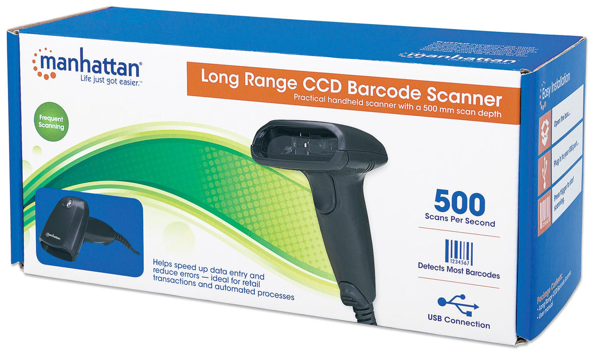 Manhattan Long Range CCD Handheld Barcode Scanner, USB, 500mm Scan Depth, Cable 1.5m, Max Ambient Light 10,000 lux (sunlight), Black, Three Year Warranty