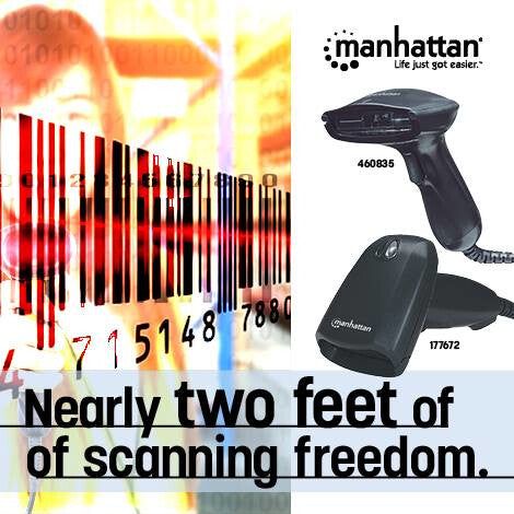 Manhattan Long Range CCD Handheld Barcode Scanner, USB, 500mm Scan Depth, Cable 1.5m, Max Ambient Light 10,000 lux (sunlight), Black, Three Year Warranty