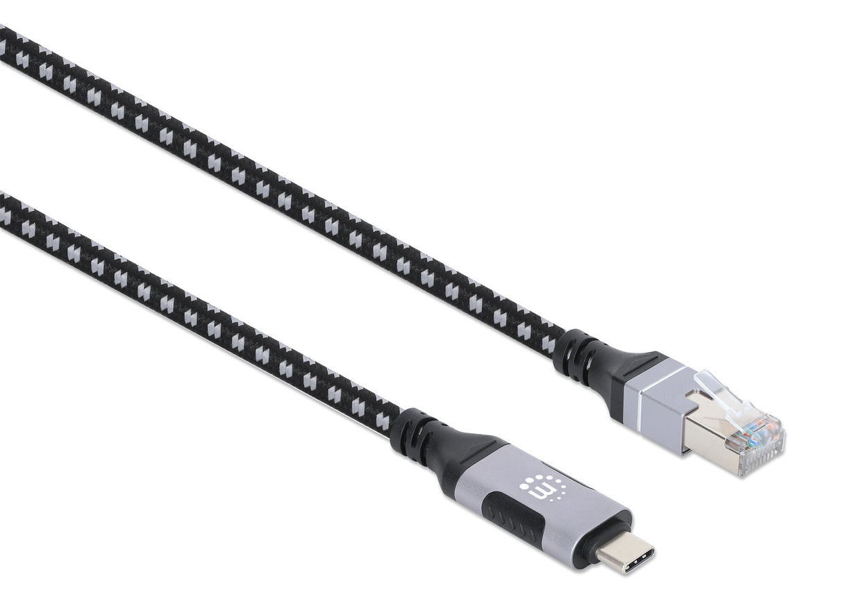 Manhattan USB-C to Gigabit (10/100/1000 Mbps) Network Ethernet RJ45 Cable, Length 2m, Multi-Gigabit Ethernet, Black/Silver, Three Year Warranty
