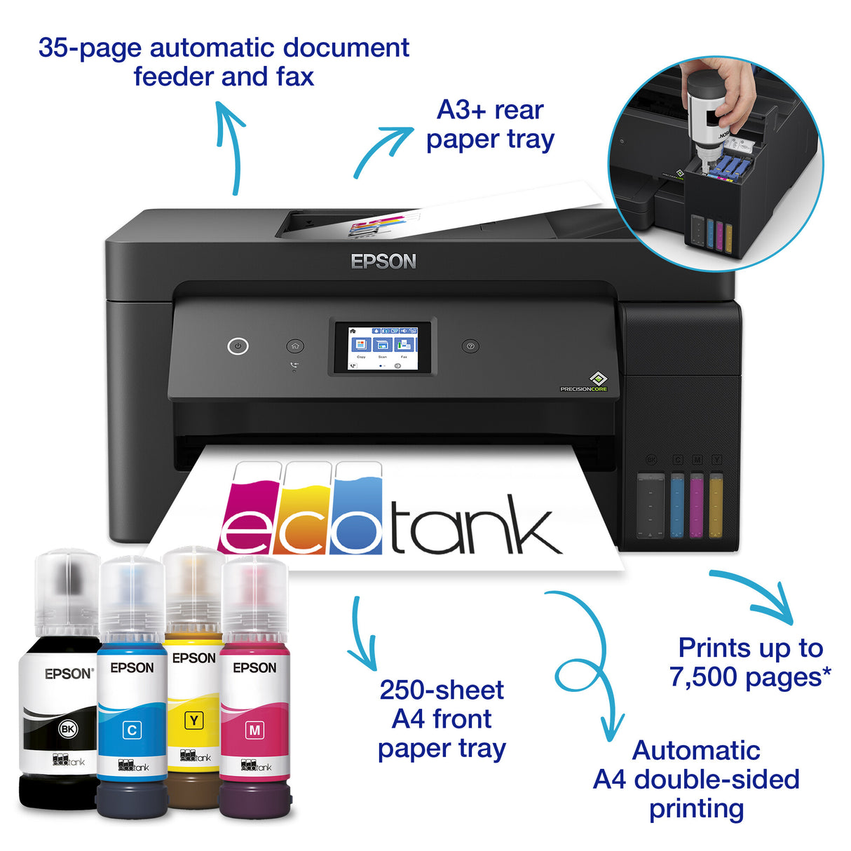 Impresora Epson Ecotank ET-15000 C11CH96401CA, color, inalámbrica, A3, todo en uno con fax, red, ADF, panel táctil de 6,8 cm