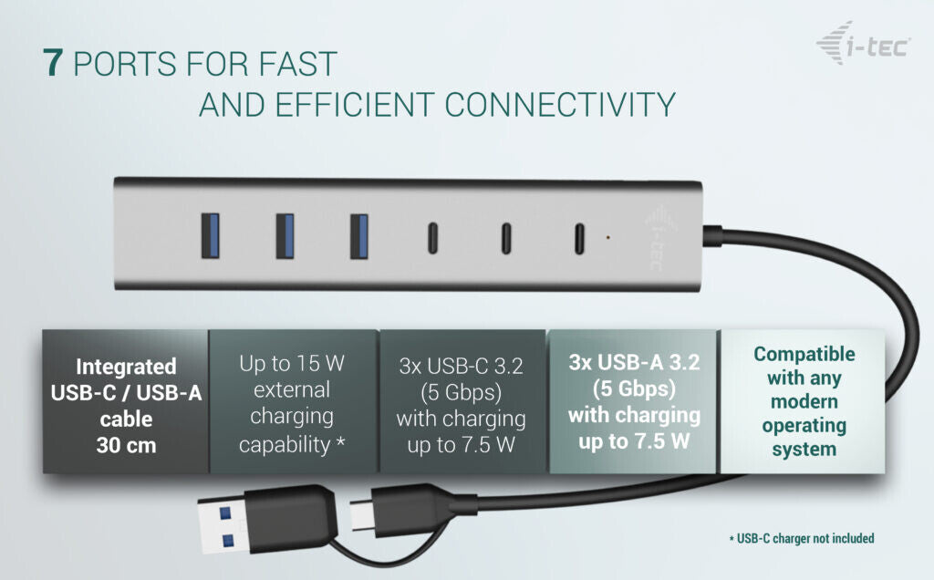 i-tec USB-C/USB-A Charging Metal HUB 7 port (3x USB-C, 4x USB-A)