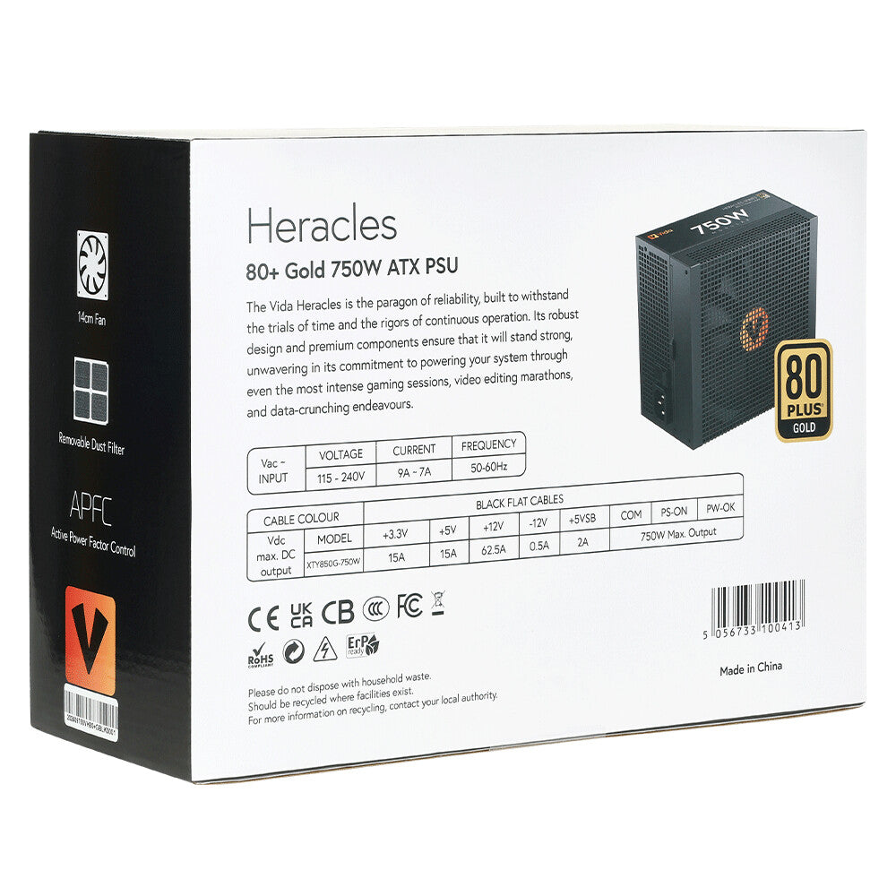 VIDA 750W Heracles Black ATX 3.1 Gaming PSU, 80+ Gold, Fully Modular, 14cm Ultra-Quiet FDM Fan, Flat Black Cables, PCIe 5.1, Power Lead Not Included
