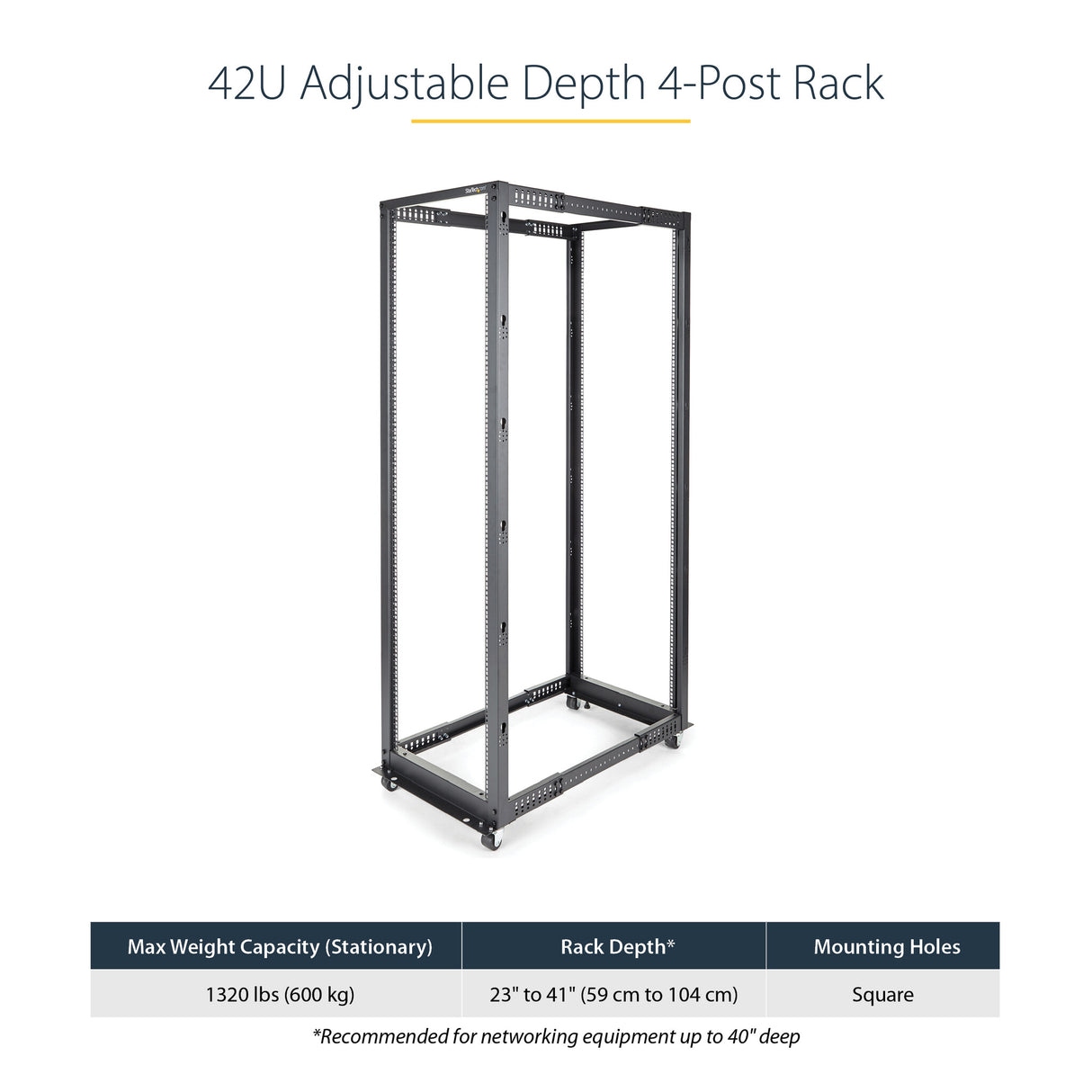 StarTech.com 4-Post 42U Mobile Open Frame Server Rack, Four Post 19" Network Rack with Wheels, Rolling Rack with Adjustable Depth for Computer/AV/Data/IT Equipment - Casters, Leveling Feet or Floor Mounting