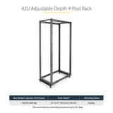 StarTech.com 4-Post 42U Mobile Open Frame Server Rack, Four Post 19" Network Rack with Wheels, Rolling Rack with Adjustable Depth for Computer/AV/Data/IT Equipment - Casters, Leveling Feet or Floor Mounting