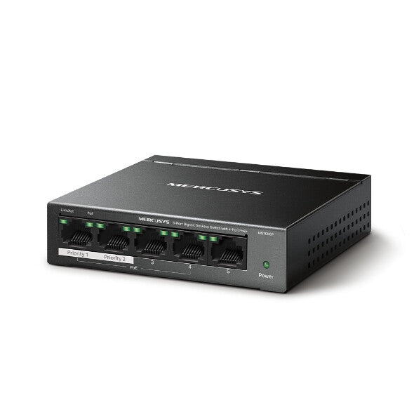 Mercusys (MS105GP) Switch de bureau Gigabit à 5 ports avec PoE+ à 4 ports, boîtier en acier