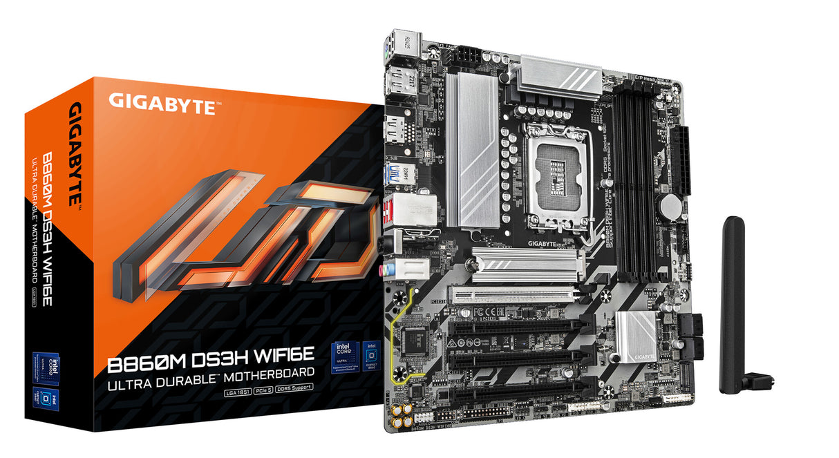 GIGABYTE B860M DS3H WIFI6E Motherboard - Intel Core Ultra Series CPUs, 5+1+2+1 Phases VRM, up to 9066MHz DDR5, 1xPCIe 5.0 + 1xPCIe 4.0 M.2, 2.5GbE LAN, WIFI 6E, USB 3.2 Gen 2