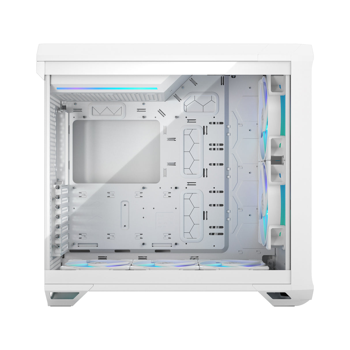 Fractal Design Torrent (White RGB TG) Estuche para juegos con ventana de vidrio transparente, E-ATX, 5 ventiladores ARGB, concentrador de ventilador, tira RGB en cubierta de fuente de alimentación, rejilla frontal, USB-C