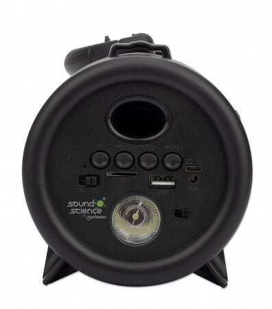 Manhattan London Bluetooth Speaker, Decent Sound Output (3W), 3 hour Playback time, FM Radio, Range 10m, microSD card reader (32GB), Aux 3.5mm connector, USB-A charging cable included, 1200mAH battery, Bluetooth v5, Three Years Warranty