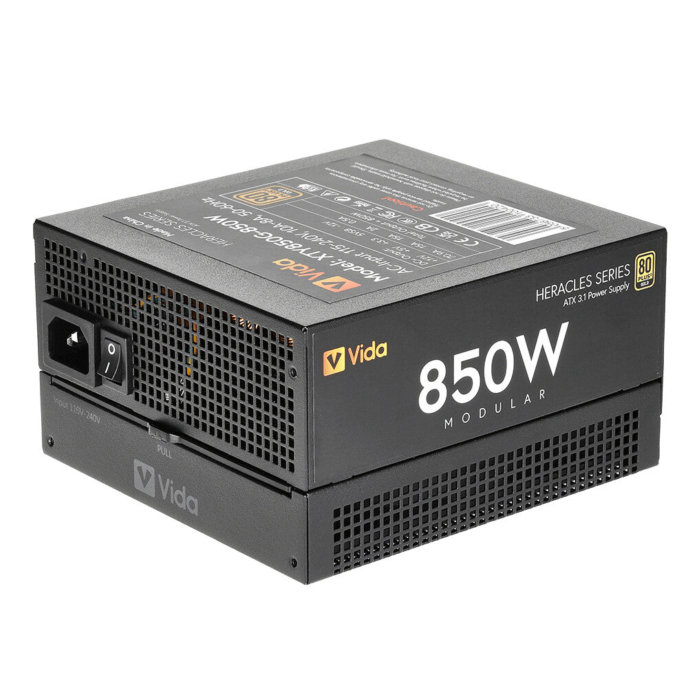 VIDA 850W Heracles Black ATX 3.1 Gaming PSU, 80+ Gold, Fully Modular, 140mm Ultra-Quiet FDM Fan, Flat Black Cables, PCIe 5.1, Power Lead Not Included