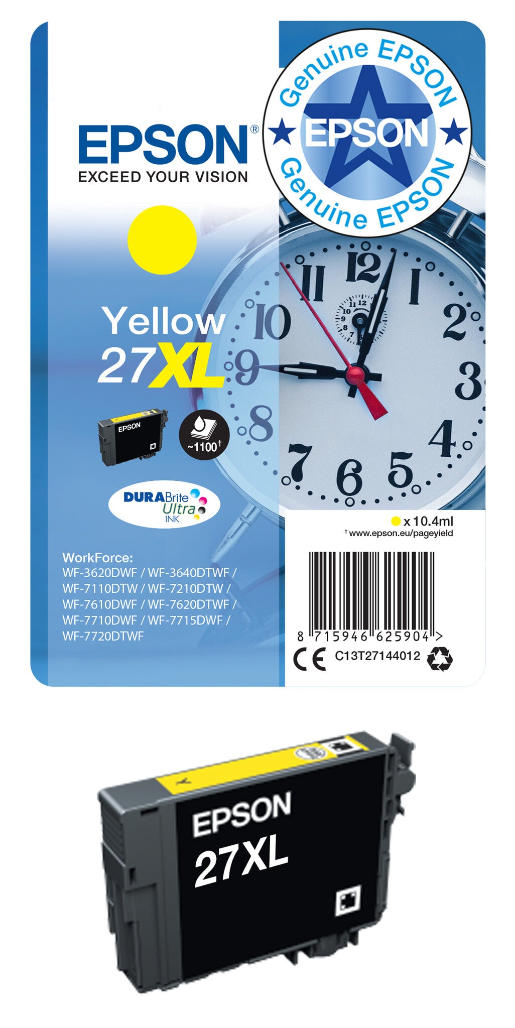 Epson Alarm clock Singlepack Yellow 27XL DURABrite Ultra Ink