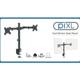 piXL Double Monitor Arm, For Upto 2x 27 inch Monitors, Desk Mounted, VESA dimensions of 75x75mm or 100x100mm, 180 Degrees Swivel, 15 Degrees Tilt, Weight Upto 10kg per screen, Built in Cable Management