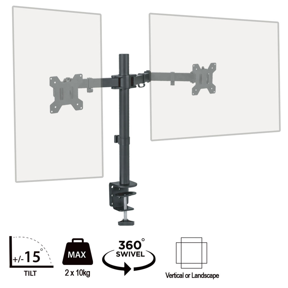 piXL Double Monitor Arm, For Upto 2x 27 inch Monitors, Desk Mounted, VESA dimensions of 75x75mm or 100x100mm, 180 Degrees Swivel, 15 Degrees Tilt, Weight Upto 10kg per screen, Built in Cable Management