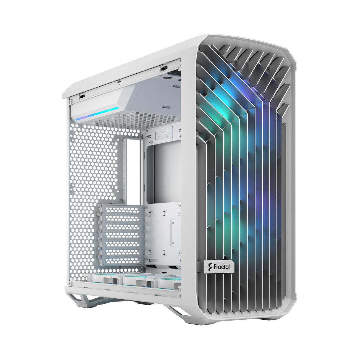 Fractal Design Torrent (White RGB TG) Estuche para juegos con ventana de vidrio transparente, E-ATX, 5 ventiladores ARGB, concentrador de ventilador, tira RGB en cubierta de fuente de alimentación, rejilla frontal, USB-C