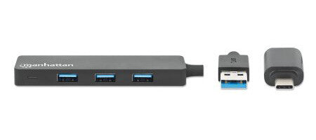 Manhattan USB-C & USB-A Combo Dock/Hub, Ports (4): USB-A (x4), 5 Gbps (USB 3.2 Gen1 aka USB 3.0), USB powered (no external power supply required)
