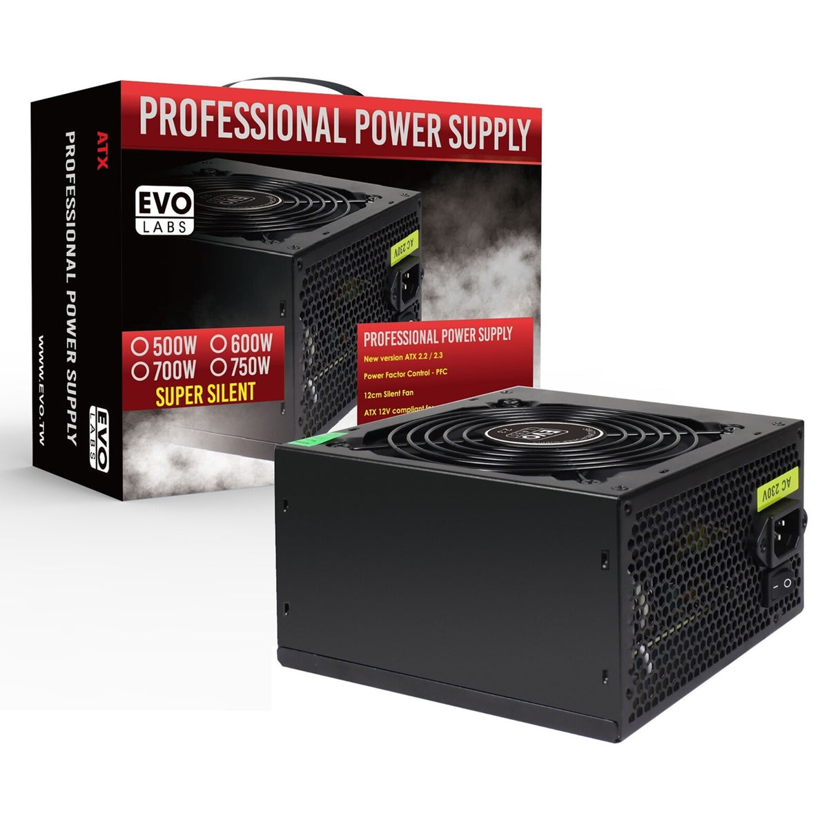 EVO LABS BR500-12BL Fuente de alimentación de 500 W, ventilador silencioso negro de 120 mm con ventilación mejorada, no modular, estable y confiable, empaquetado al por menor