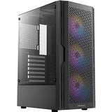 Caja ANTEC AX20, negra, torre media, 1 USB 3.0 / 2 USB 2.0, panel de ventana lateral de vidrio templado, barra inclinada y diseño de malla para flujo de aire masivo, 3 ventiladores LED RGB incluidos, ATX, Micro ATX, Mini-ITX