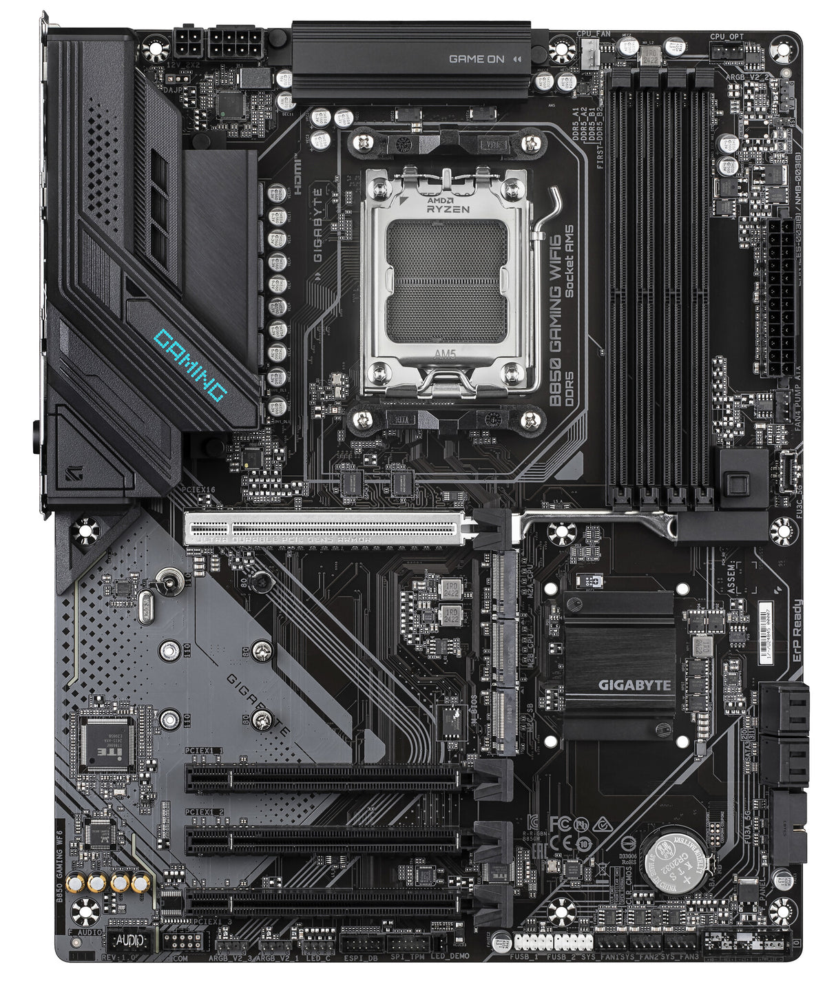 GIGABYTE B850 GAMING WIFI6 Motherboard - AMD Ryzen 9000 Series CPUs, 6+2+2 Phasen Digital VRM, up to 8200MHz DDR5 (OC), 1xPCIe 5.0 + 2xPCIe 4.0 M.2, GbE LAN, WIFI 6, USB 3.2 Gen 2