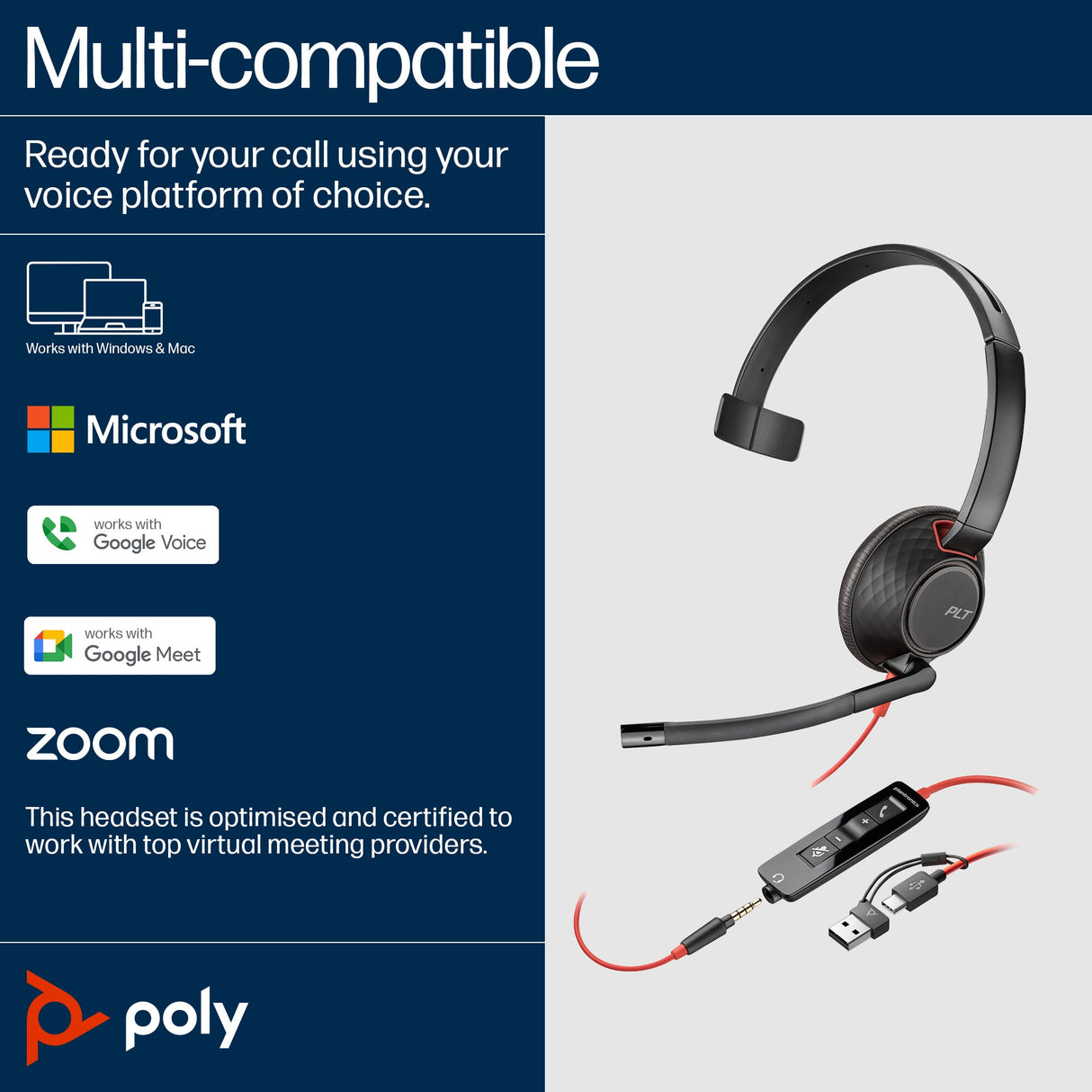 POLY Blackwire 5210 Monaural USB-C Headset +3.5mm Plug +USB-C/A Adapter (Bulk)