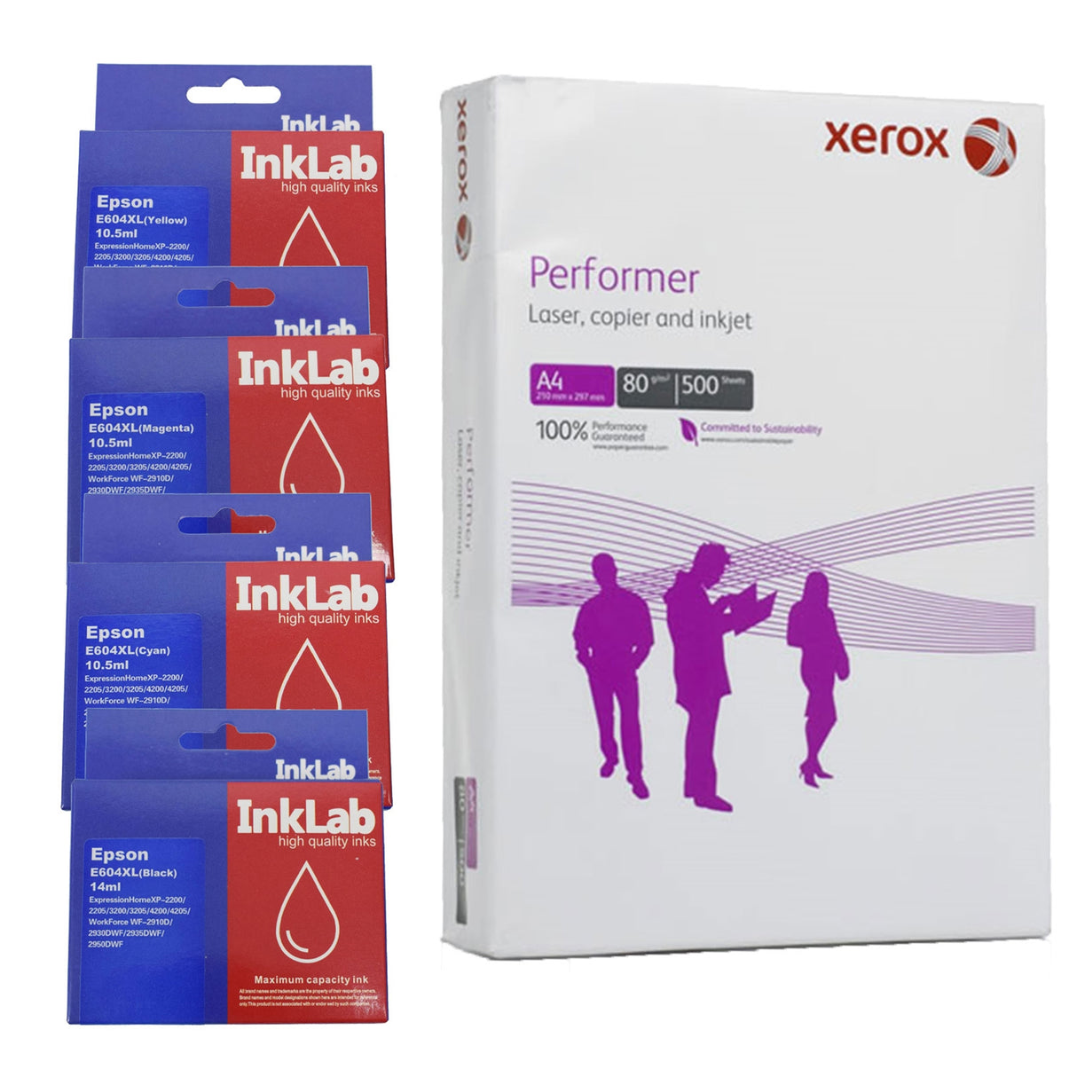 InkLab 604 Ink Bundle, Replacement Inks (Yellow, Cyan, Magenta and Black) with 1 Ream of Xerox Performer A4 80GSM Office Paper