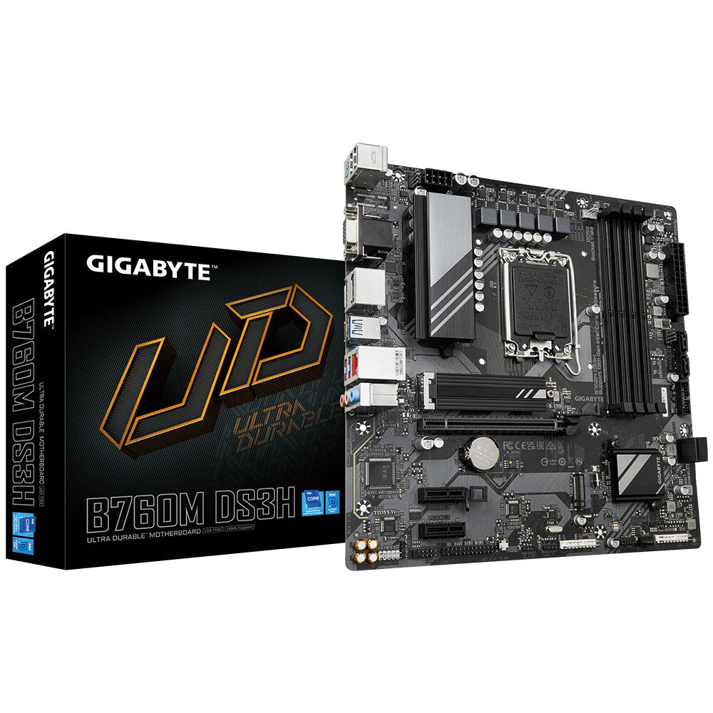 Carte mère Gigabyte B760M DS3H DDR5, Intel Socket 1700, 12e/13e génération, 1x PCIe 4.0 x16, Micro ATX, USB Type-C, LAN 2,5GbE, HDMI, DisplayPort, Smart Fan 6, Q-Flash Plus