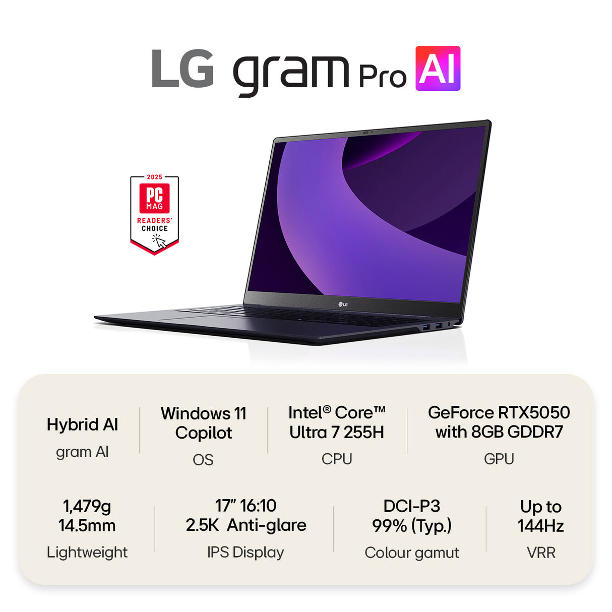 LG Gram Pro 17Z90TR-E 17" Hybrid AI Laptop - Intel® Core™ Ultra 7 255H, NVIDIA GeForce RTX5050 GPU, 1TB SSD, 32 GB RAM - Black - [2025]