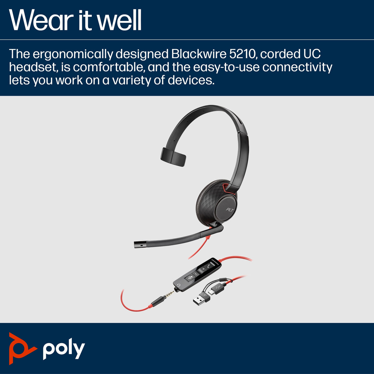 POLY Blackwire 5210 Monaural USB-C Headset +3.5mm Plug +USB-C/A Adapter (Bulk)