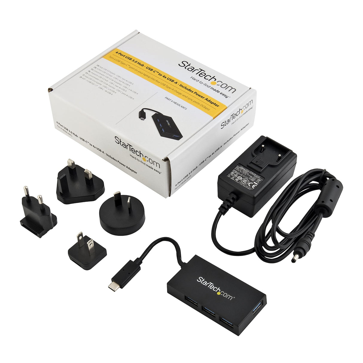 StarTech.com 4 Port USB C Hub - USB Type-C Hub w/ 4x USB-A Ports (USB 3.0/3.1 Gen 1 SuperSpeed 5Gbps) - USB Bus or Self Power - Portable USB-C to USB-A BC 1.2 Charging Hub w/ Power Adapter~4 Port USB C Hub - USB Type-C Hub w/ 4x USB-A Ports USB 3.0 hub (5