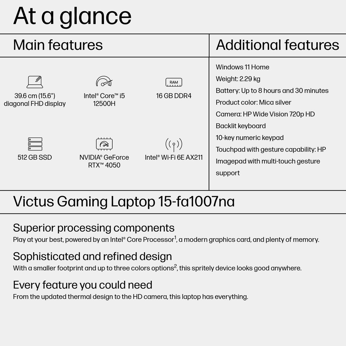 HP Victus Gaming 15-fa1007na Intel® Core™ i5 i5-12500H Laptop 39.6 cm (15.6") Full HD 16 GB DDR4-SDRAM 512 GB SSD NVIDIA GeForce RTX 4050 Wi-Fi 6E (802.11ax) Windows 11 Home Black